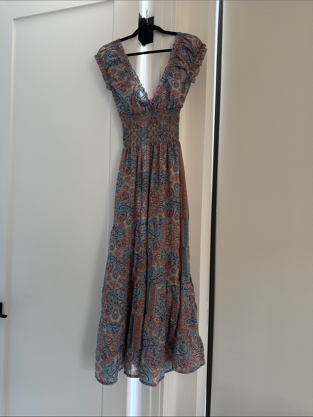 Paisley V-Neck Maxi Dress in Blue & Peach